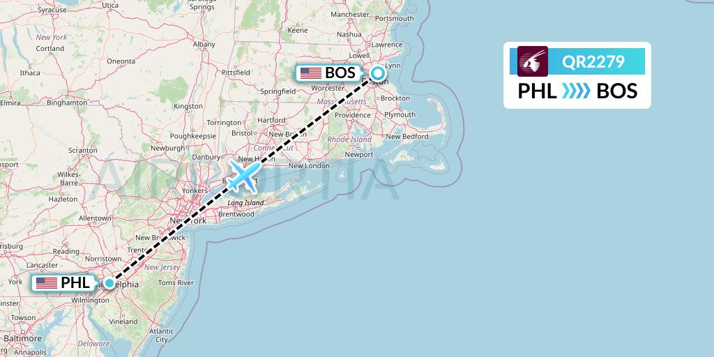 QR2279 Qatar Airways Flight Map: Philadelphia to Boston
