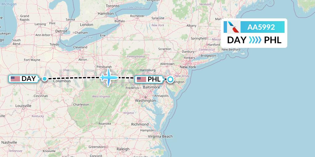 AA5992 American Airlines Flight Map: Dayton to Philadelphia