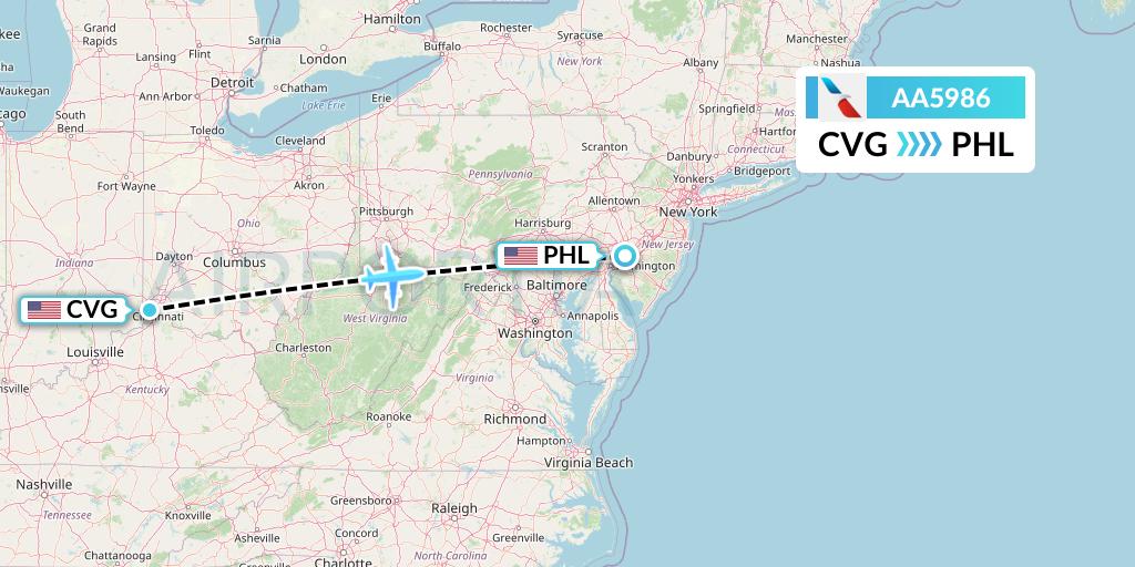 AA5986 American Airlines Flight Map: Cincinnati to Philadelphia