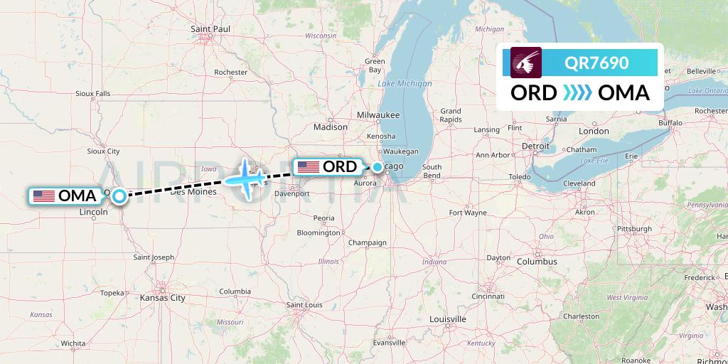 QR7690 Qatar Airways Flight Map: Chicago to Omaha