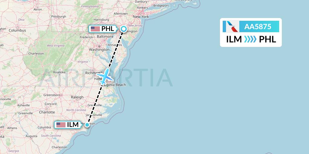 AA5875 American Airlines Flight Map: Wilmington to Philadelphia