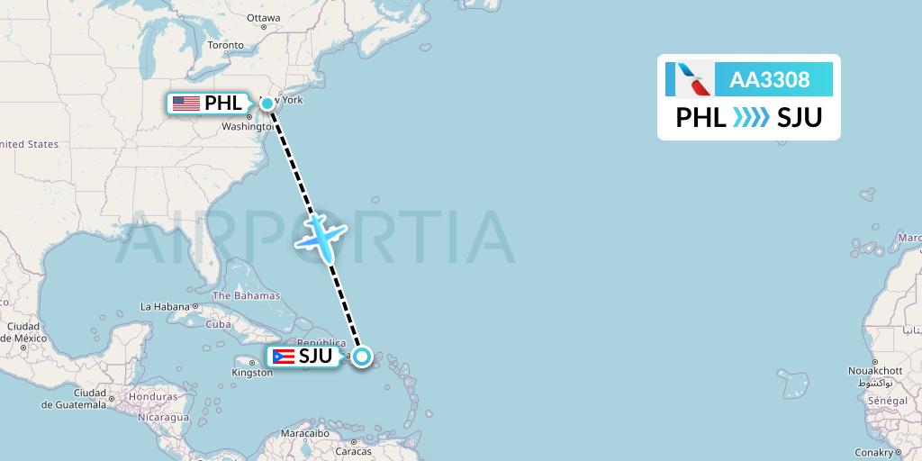 AA3308 American Airlines Flight Map: Philadelphia to San Juan
