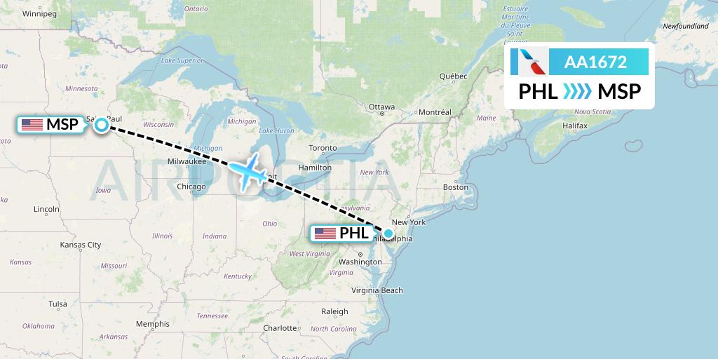 AA1672 American Airlines Flight Map: Philadelphia to Minneapolis