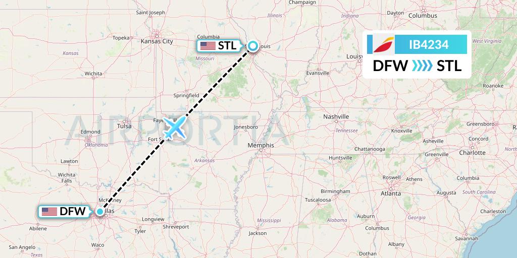 IB4234 Iberia Flight Map: Dallas to St. Louis