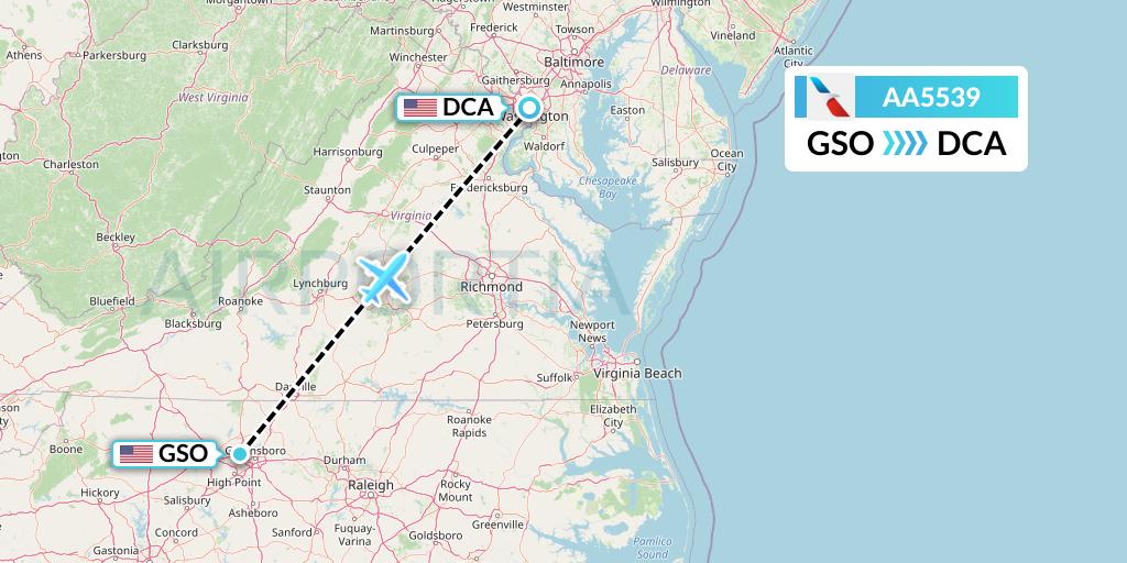 AA5539 American Airlines Flight Map: Greensboro to Washington