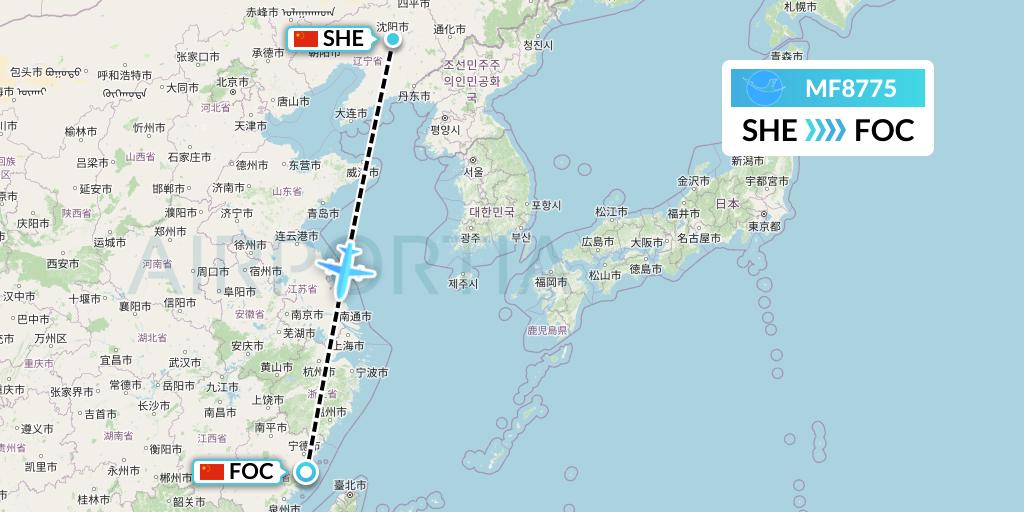 MF8775 Xiamen Airlines Flight Map: Shenyang to Fuzhou