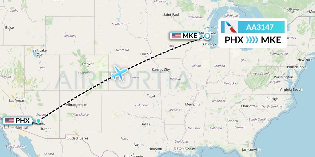 AA3147 American Airlines Flight Map: Phoenix to Milwaukee