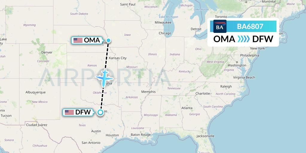 BA6807 British Airways Flight Map: Omaha to Dallas