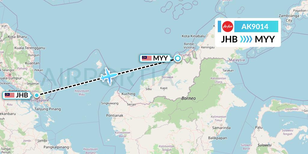 AK9014 AirAsia Flight Map: Johor Bahru to Miri