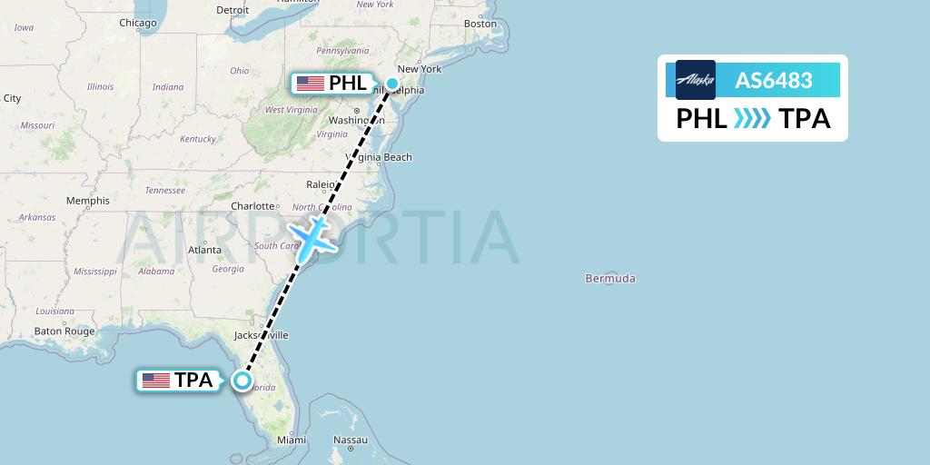 AS6483 Alaska Airlines Flight Map: Philadelphia to Tampa