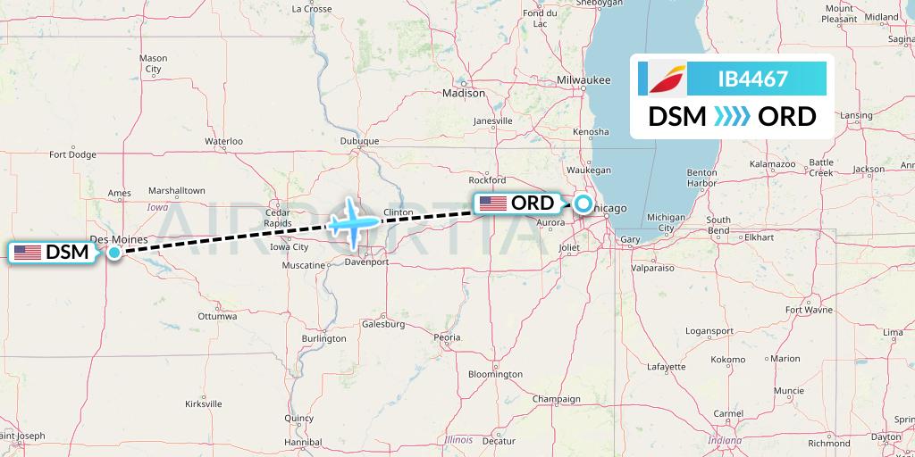 IB4467 Iberia Flight Map: Des Moines to Chicago