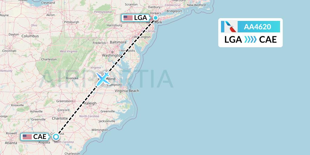 AA4620 American Airlines Flight Map: New York to Columbia
