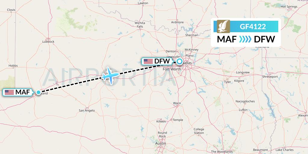 GF4122 Gulf Air Flight Map: Midland to Dallas