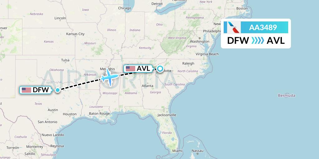 AA3489 American Airlines Flight Map: Dallas to Asheville