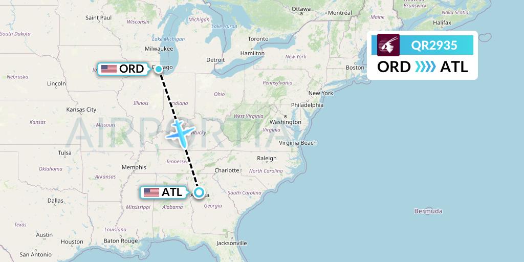 QR2935 Qatar Airways Flight Map: Chicago to Atlanta