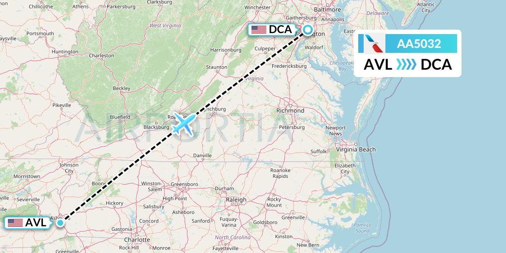 AA5032 American Airlines Flight Map: Asheville to Washington