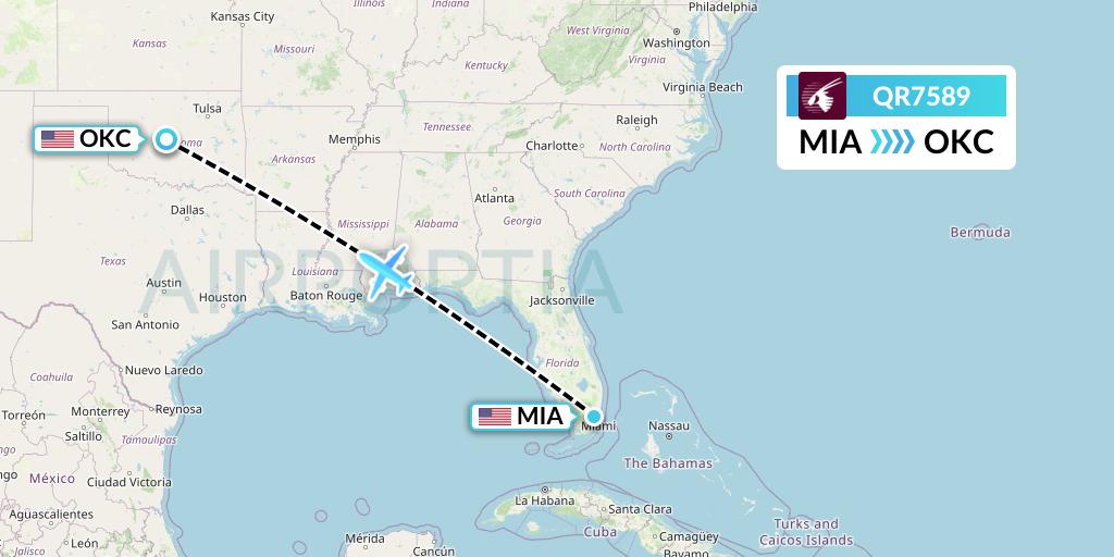 QR7589 Qatar Airways Flight Map: Miami to Oklahoma City