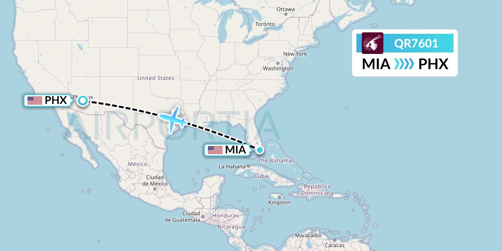 QR7601 Qatar Airways Flight Map: Miami to Phoenix