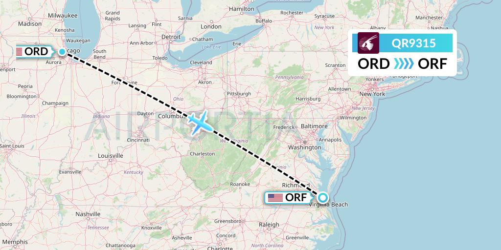 QR9315 Qatar Airways Flight Map: Chicago to Norfolk