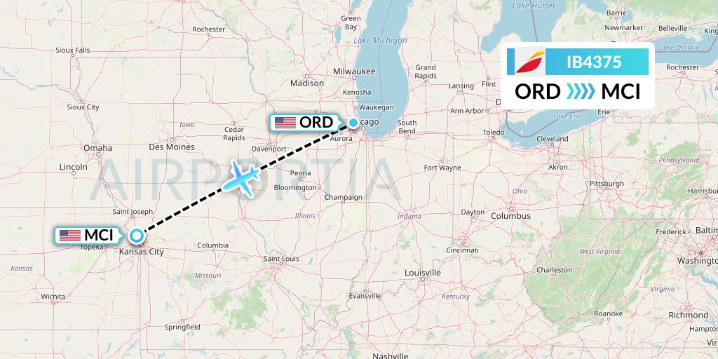 IB4375 Iberia Flight Map: Chicago to Kansas City