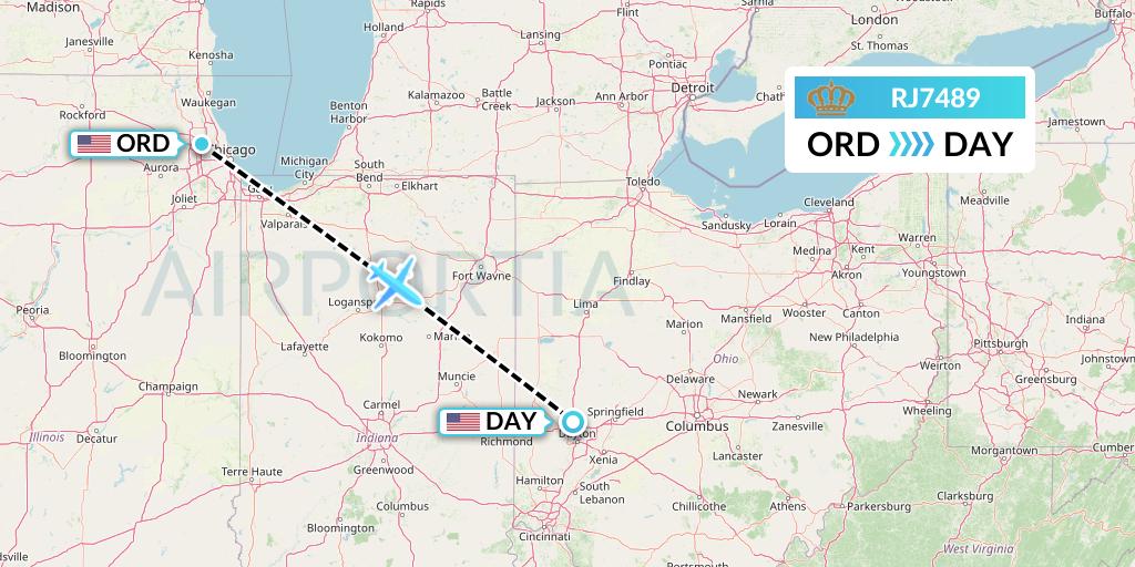 RJ7489 Royal Jordanian Flight Map: Chicago to Dayton