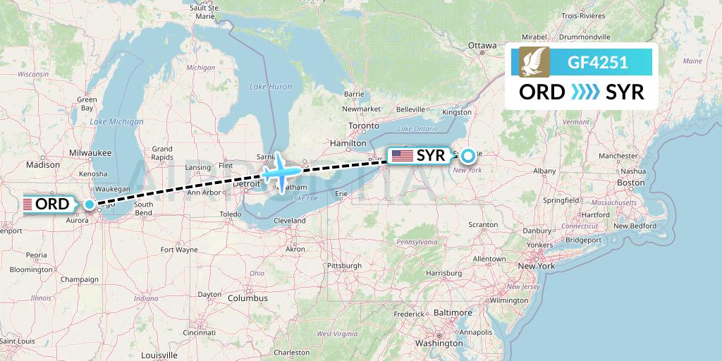 GF4251 Gulf Air Flight Map: Chicago to Syracuse
