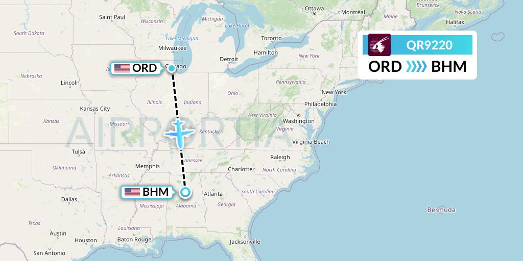 QR9220 Qatar Airways Flight Map: Chicago to Birmingham