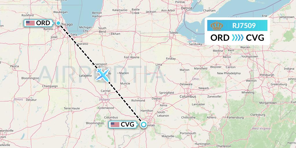 RJ7509 Royal Jordanian Flight Map: Chicago to Cincinnati