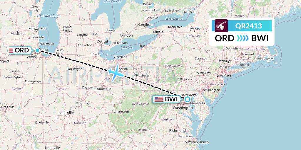 QR2413 Qatar Airways Flight Map: Chicago to Baltimore