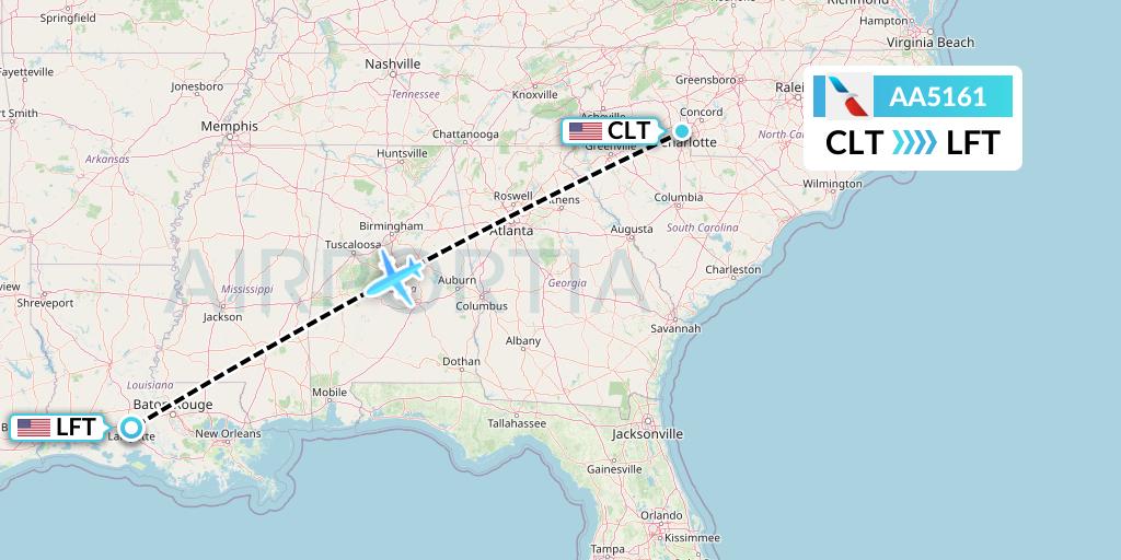 AA5161 American Airlines Flight Map: Charlotte to Lafayette