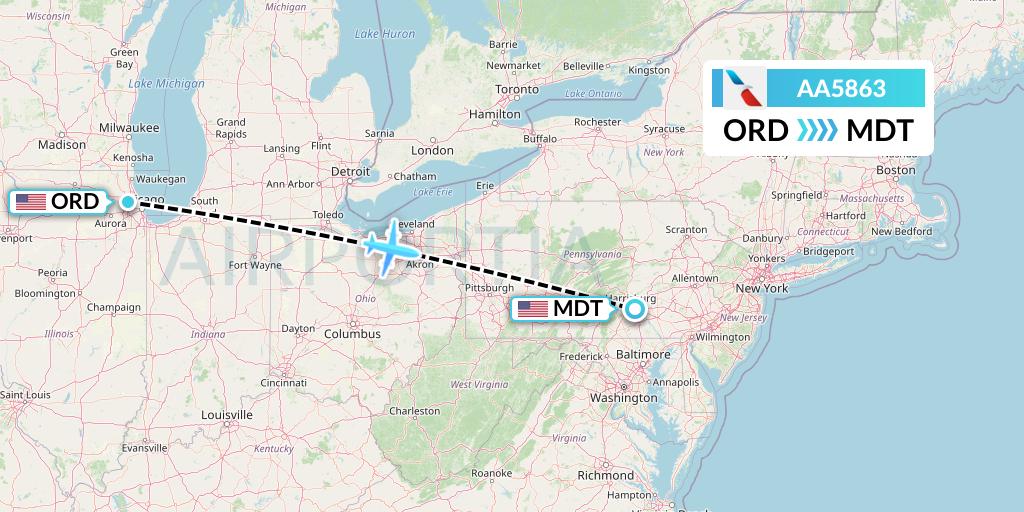 AA5863 American Airlines Flight Map: Chicago to Harrisburg