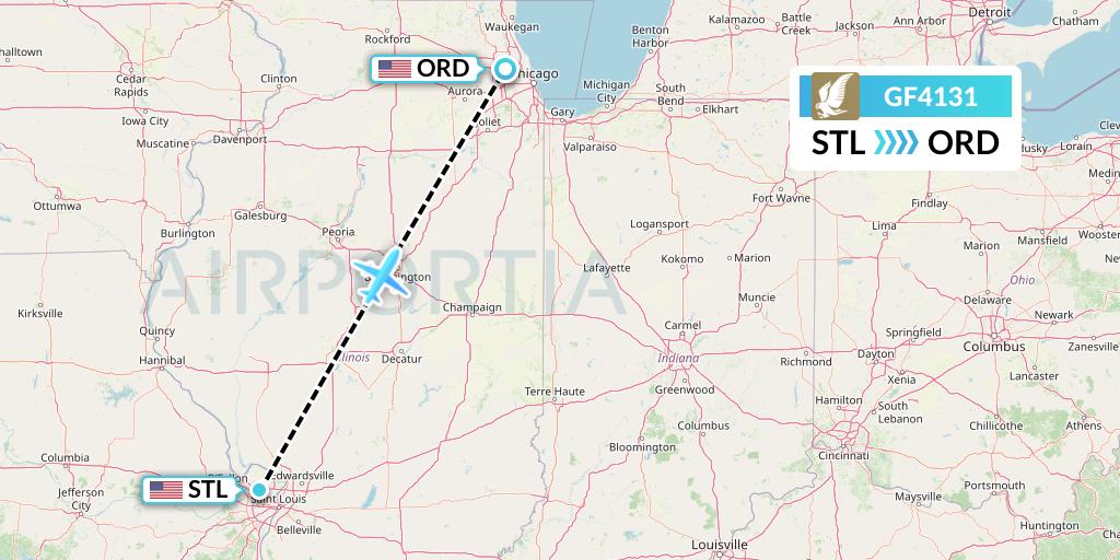 GF4131 Gulf Air Flight Map: St. Louis to Chicago