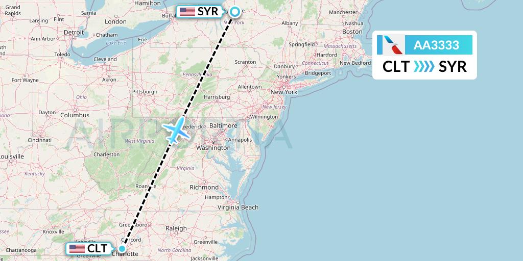 AA3333 American Airlines Flight Map: Charlotte to Syracuse