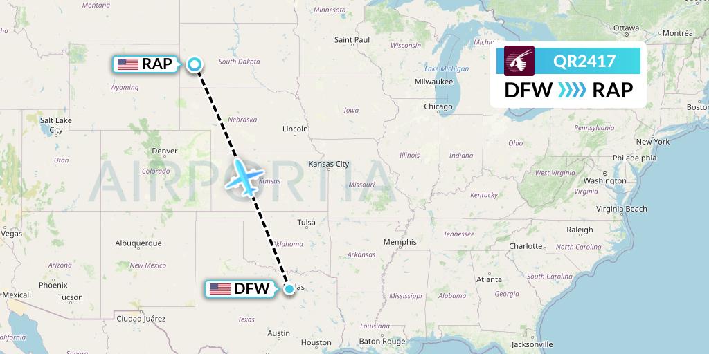 QR2417 Qatar Airways Flight Map: Dallas to Rapid City