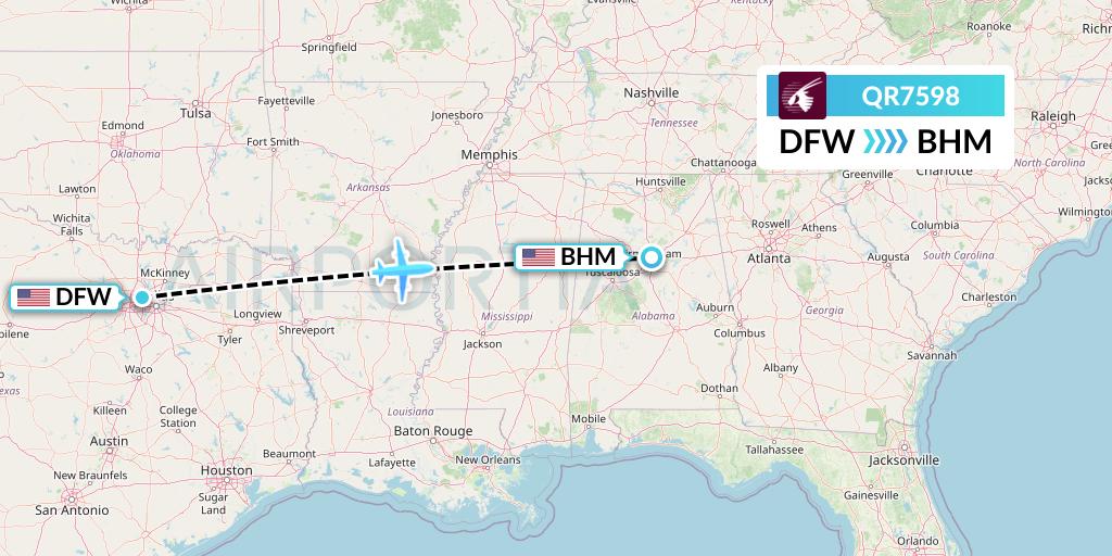 QR7598 Qatar Airways Flight Map: Dallas to Birmingham