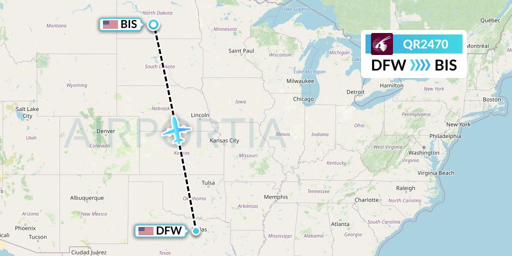 QR2470 Qatar Airways Flight Map: Dallas to Bismarck