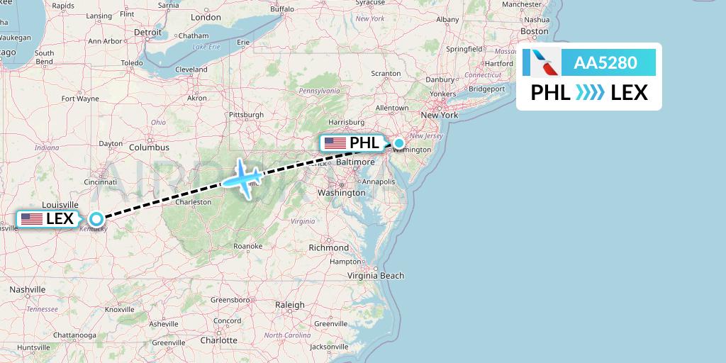 AA5280 American Airlines Flight Map: Philadelphia to Lexington