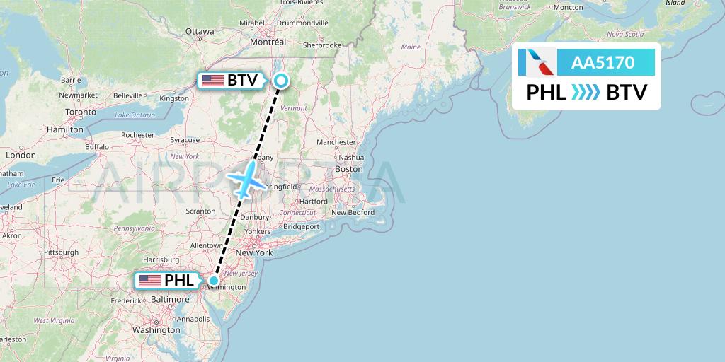 AA5170 American Airlines Flight Map: Philadelphia to Burlington
