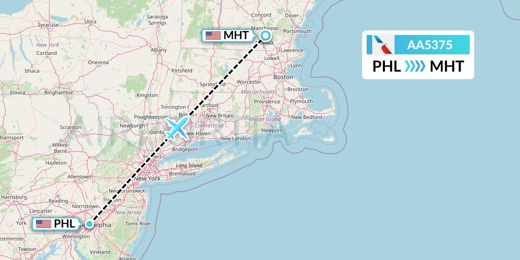 AA5375 American Airlines Flight Map: Philadelphia to Manchester