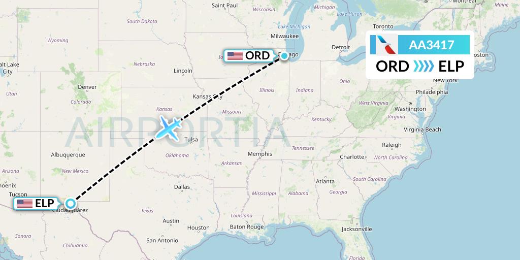 AA3417 American Airlines Flight Map: Chicago to El Paso