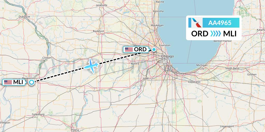 AA4965 American Airlines Flight Map: Chicago to Moline