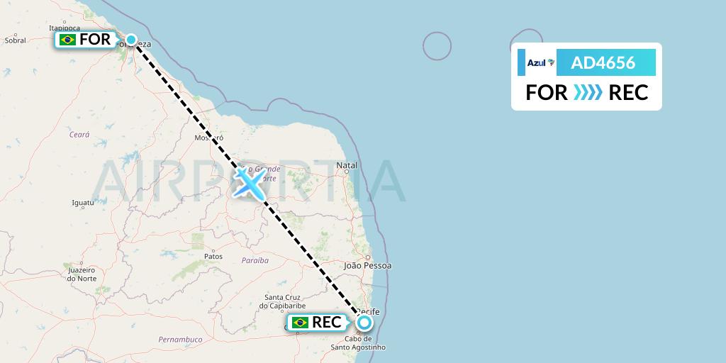 AD4656 Azul Brazilian Airlines Flight Map: Fortaleza to Recife