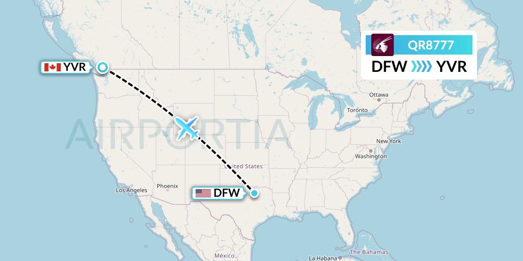 QR8777 Qatar Airways Flight Map: Dallas to Vancouver