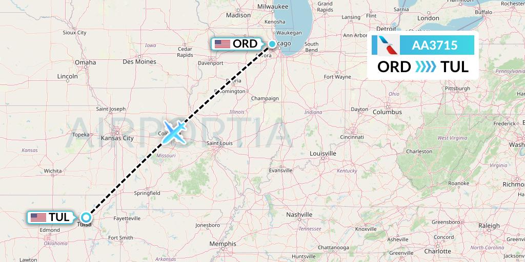 AA3715 American Airlines Flight Map: Chicago to Tulsa