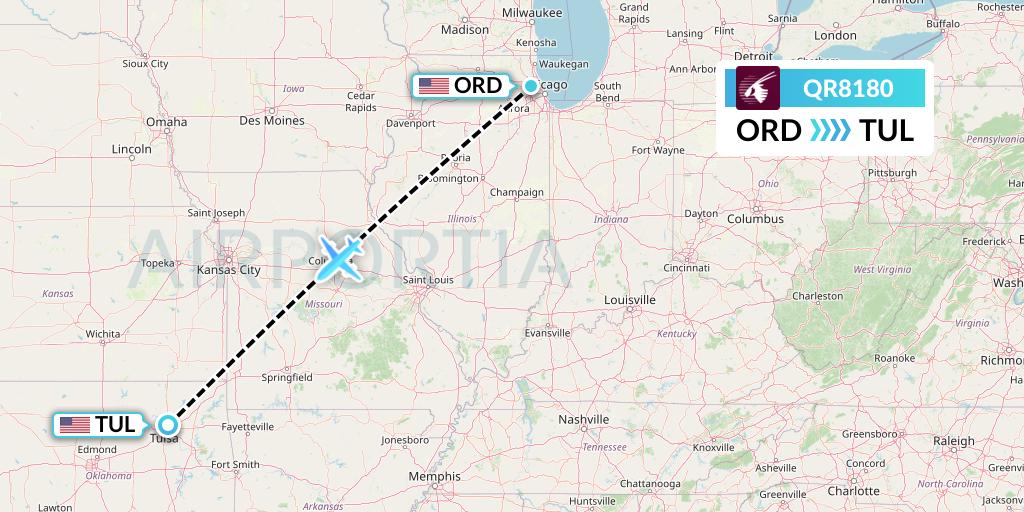 QR8180 Qatar Airways Flight Map: Chicago to Tulsa