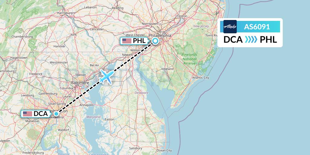 AS6091 Alaska Airlines Flight Map: Washington to Philadelphia
