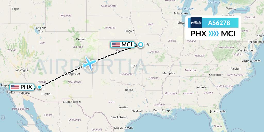 AS6278 Alaska Airlines Flight Map: Phoenix to Kansas City