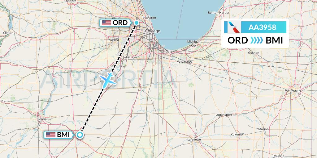 AA3958 American Airlines Flight Map: Chicago to Bloomington