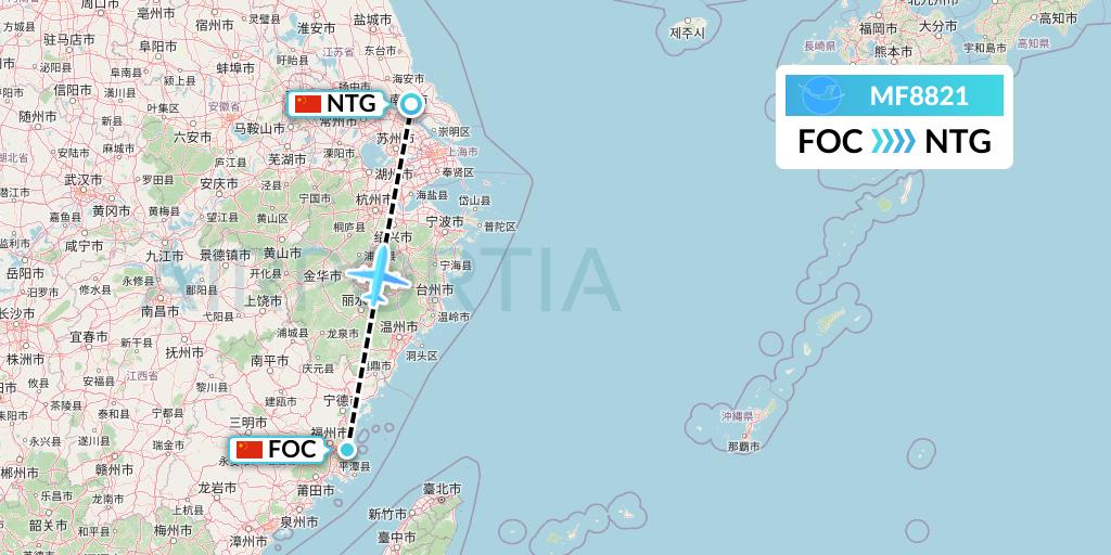 MF8821 Xiamen Airlines Flight Map: Fuzhou to Nantong