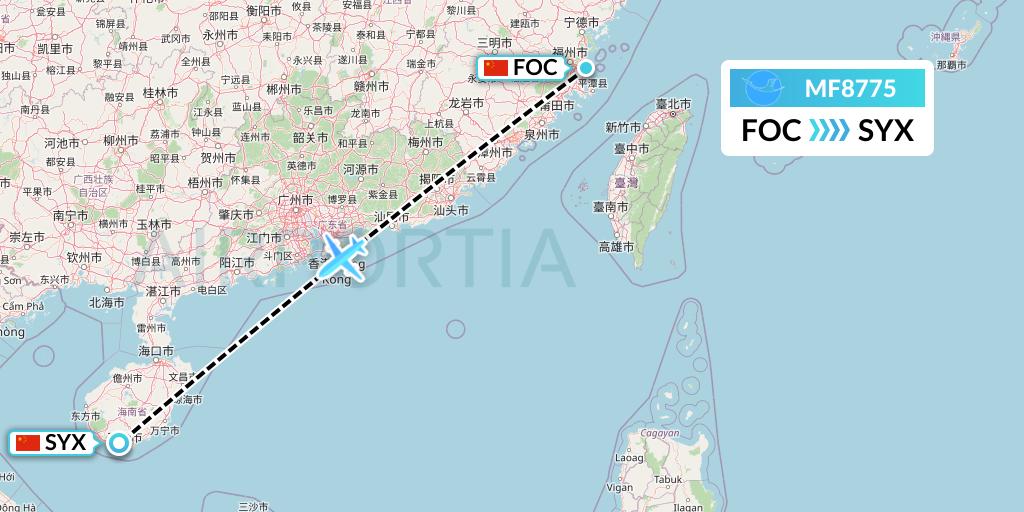 MF8775 Xiamen Airlines Flight Map: Fuzhou to Sanya